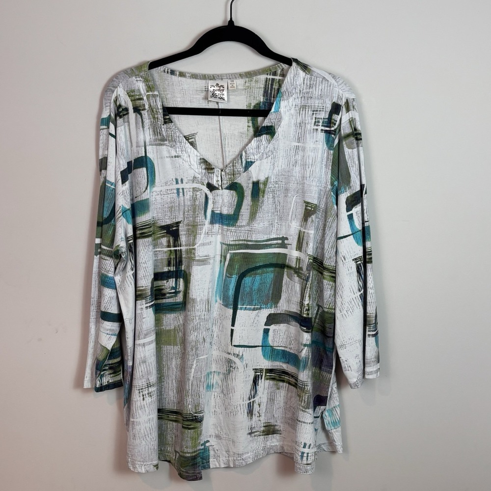 Parsley & Sage Womens Grey Blue Geometric Pattern 3/4 Sleeve Stretch Blouse 1X